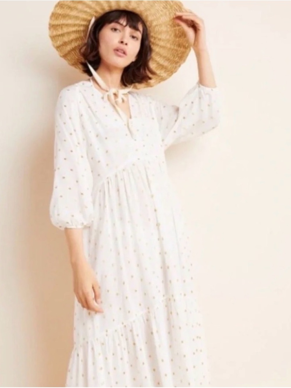 Anthropology Augustine Women's White Maxi Dress with Gold Dot Print